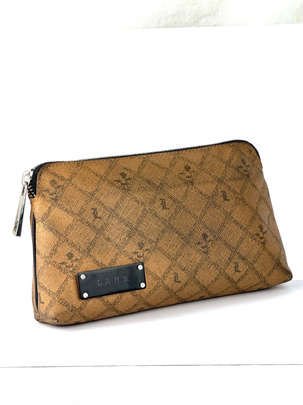L.A.M.B. Tan Monogram Zip Makeup Bag Pouch in Brown